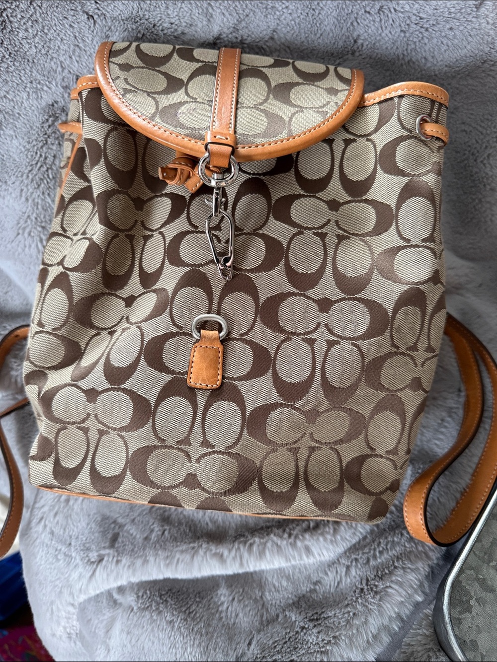 Vintage Coach Brown Signature Canvas Backpack with Tan Leather Trim